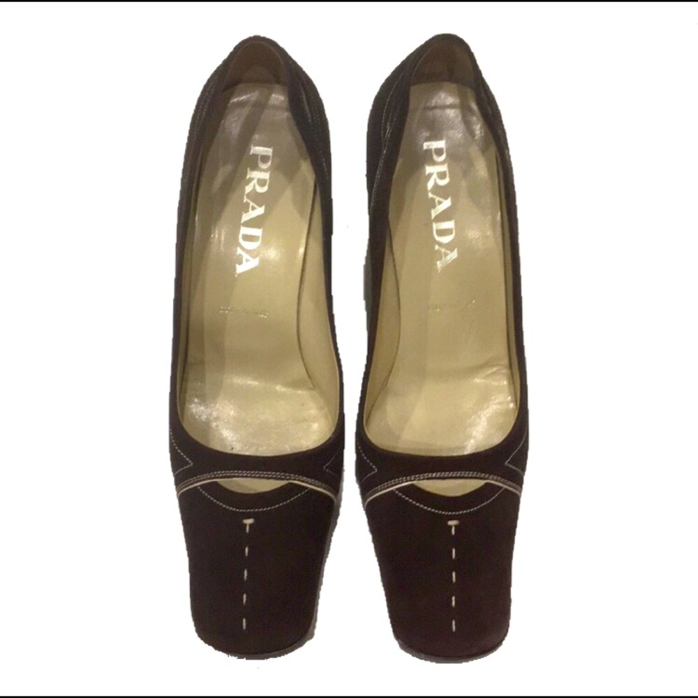 Prada square suede stitching contrast heels kitten - Picture 4 of 6